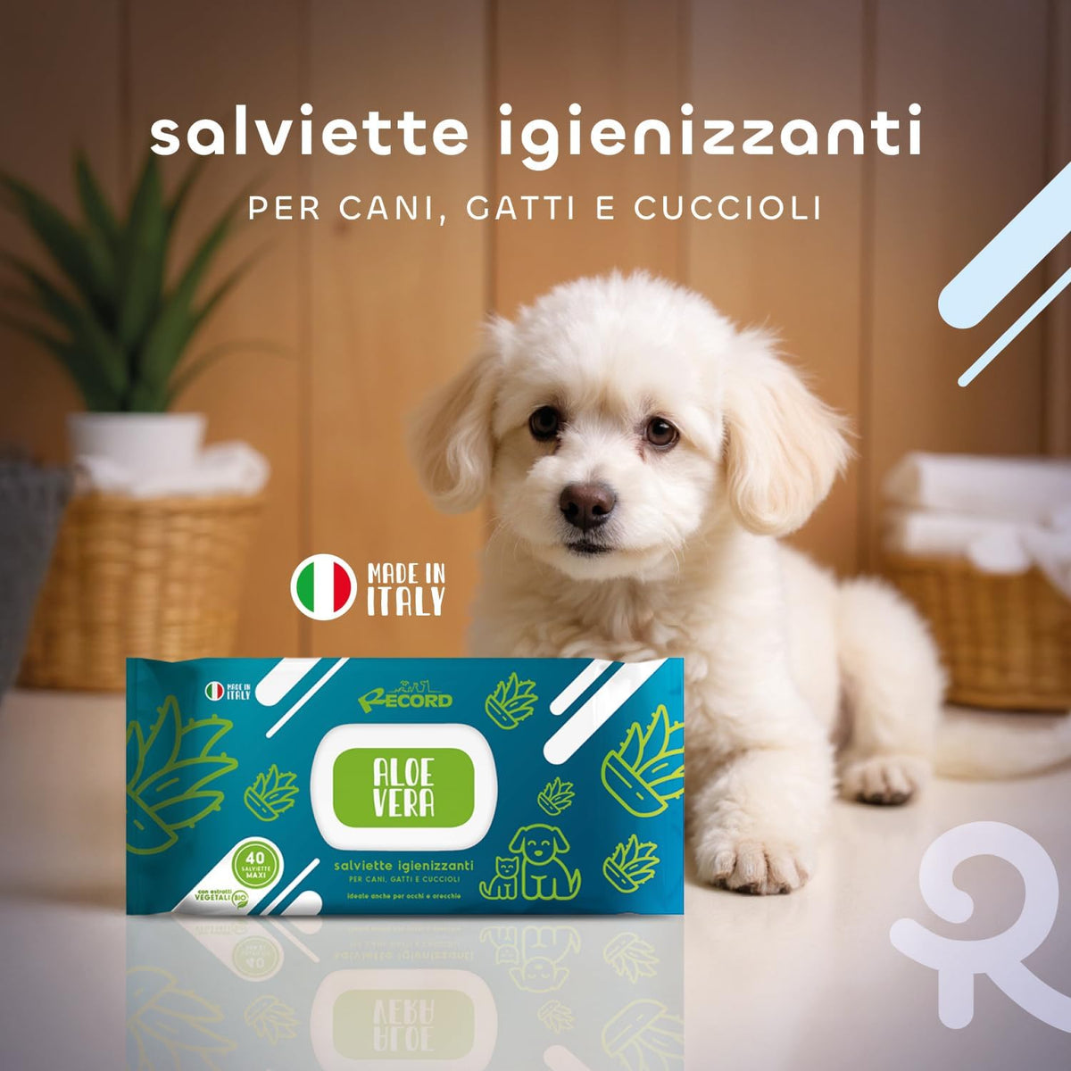 Salviette Igienizzanti Umide per Cani E Gatti. Salviette Cane Salviette Gatto. Confezione 40 Pezzi. Salviettine per Animali per Pelo, Zampe Muso Ed Occhi. Rispettano Cute E PH. Aroma Aloe Vera