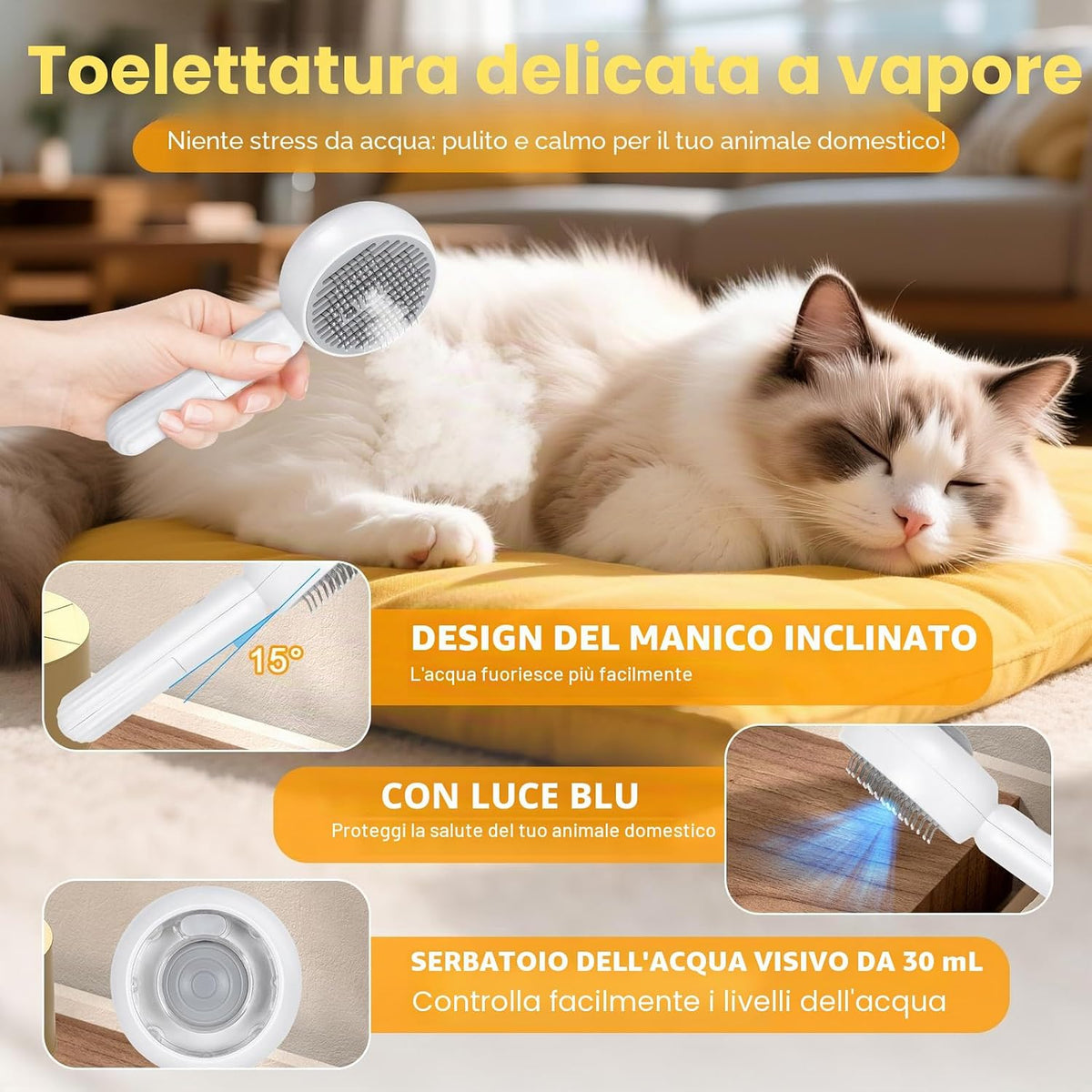 Spazzola a Vapore per Gatti E Cani 4 in 1, Multifunzionale Spazzola per Cura Degli Animali, Vaporosa per Gatto Cani Capelli Lunghi/Corti, Utilizzato per Massaggi E Cure, Bianco