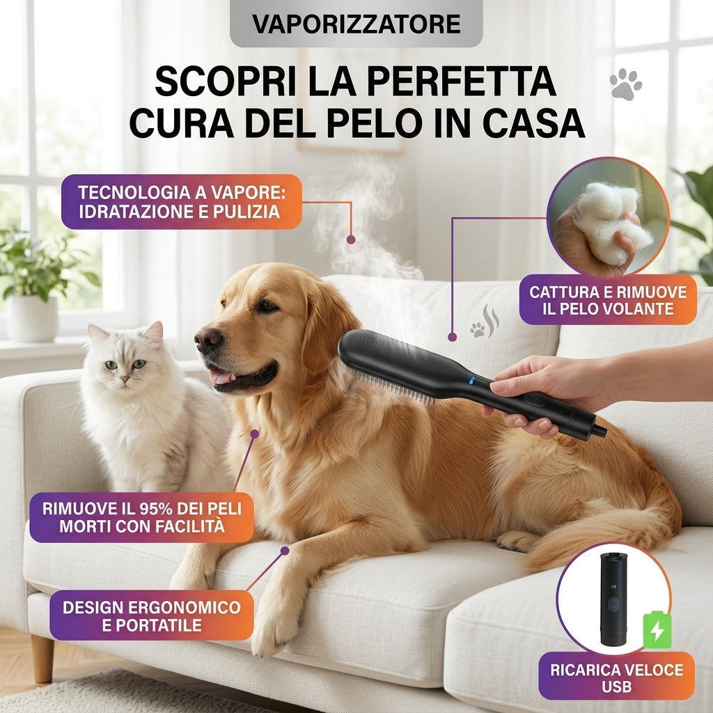 Revyra™ SteamBrush 2.0 – Spazzola a Vapore per Cani e Gatti