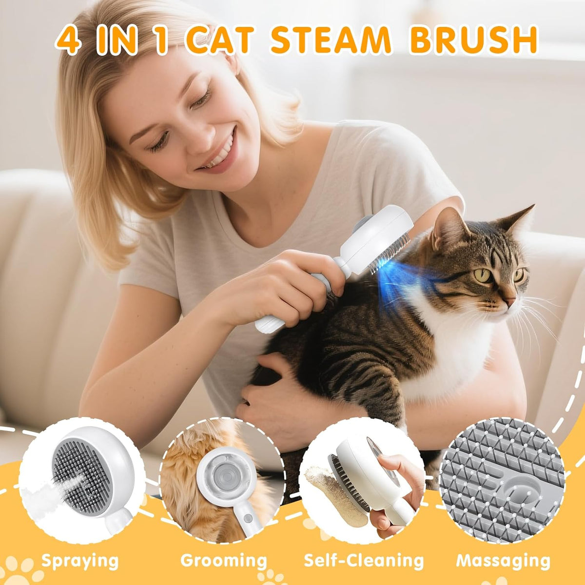 Spazzola a Vapore per Gatti E Cani 4 in 1, Multifunzionale Spazzola per Cura Degli Animali, Vaporosa per Gatto Cani Capelli Lunghi/Corti, Utilizzato per Massaggi E Cure, Bianco